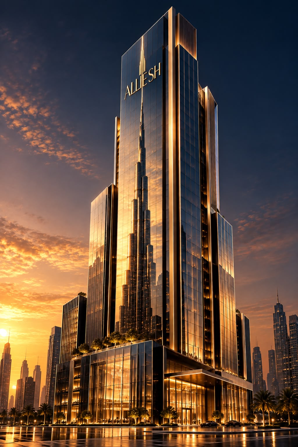 A glass and bronze tower at sunset bearing the house name